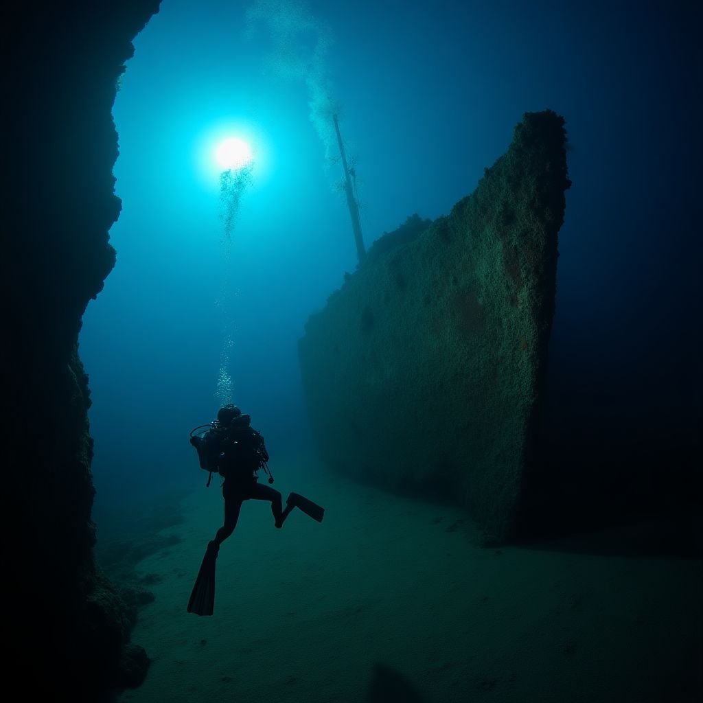 Team exploring shipwreck