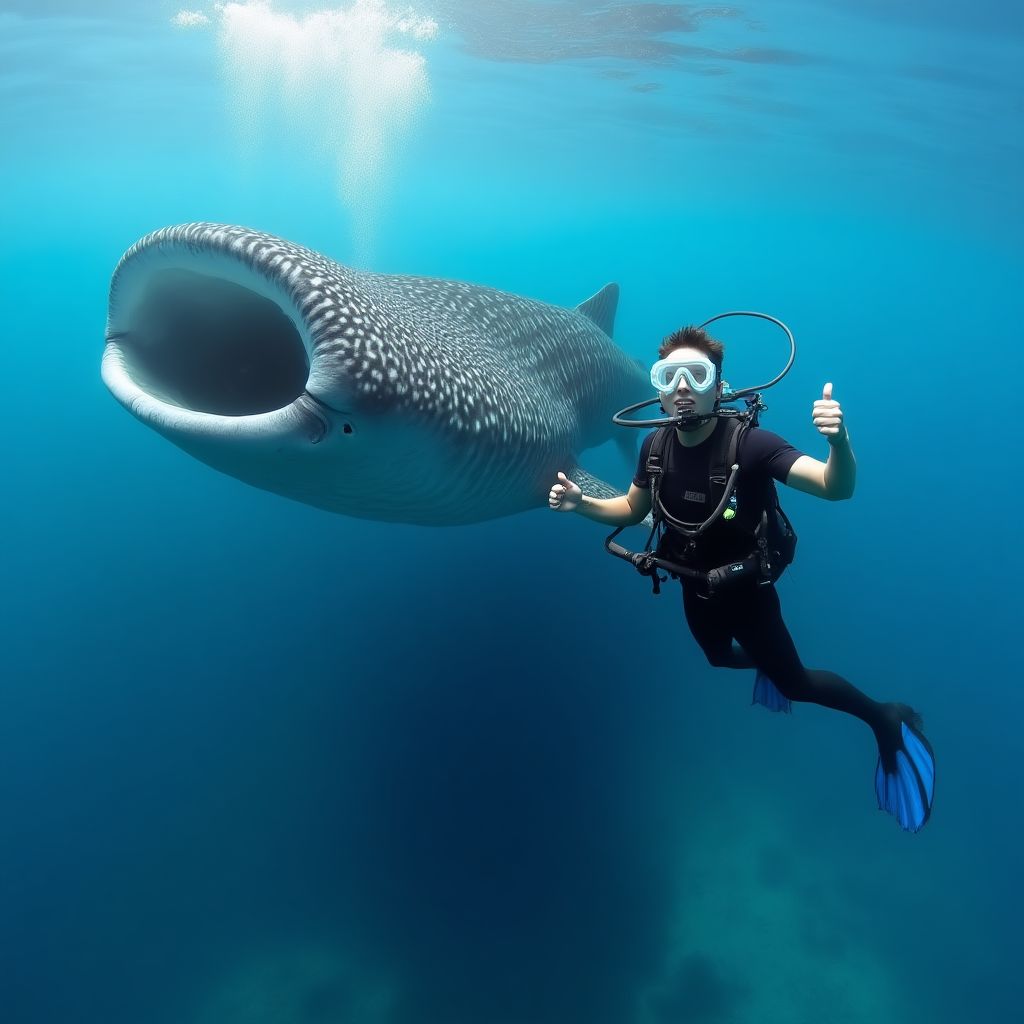 Male diver next to whale shark