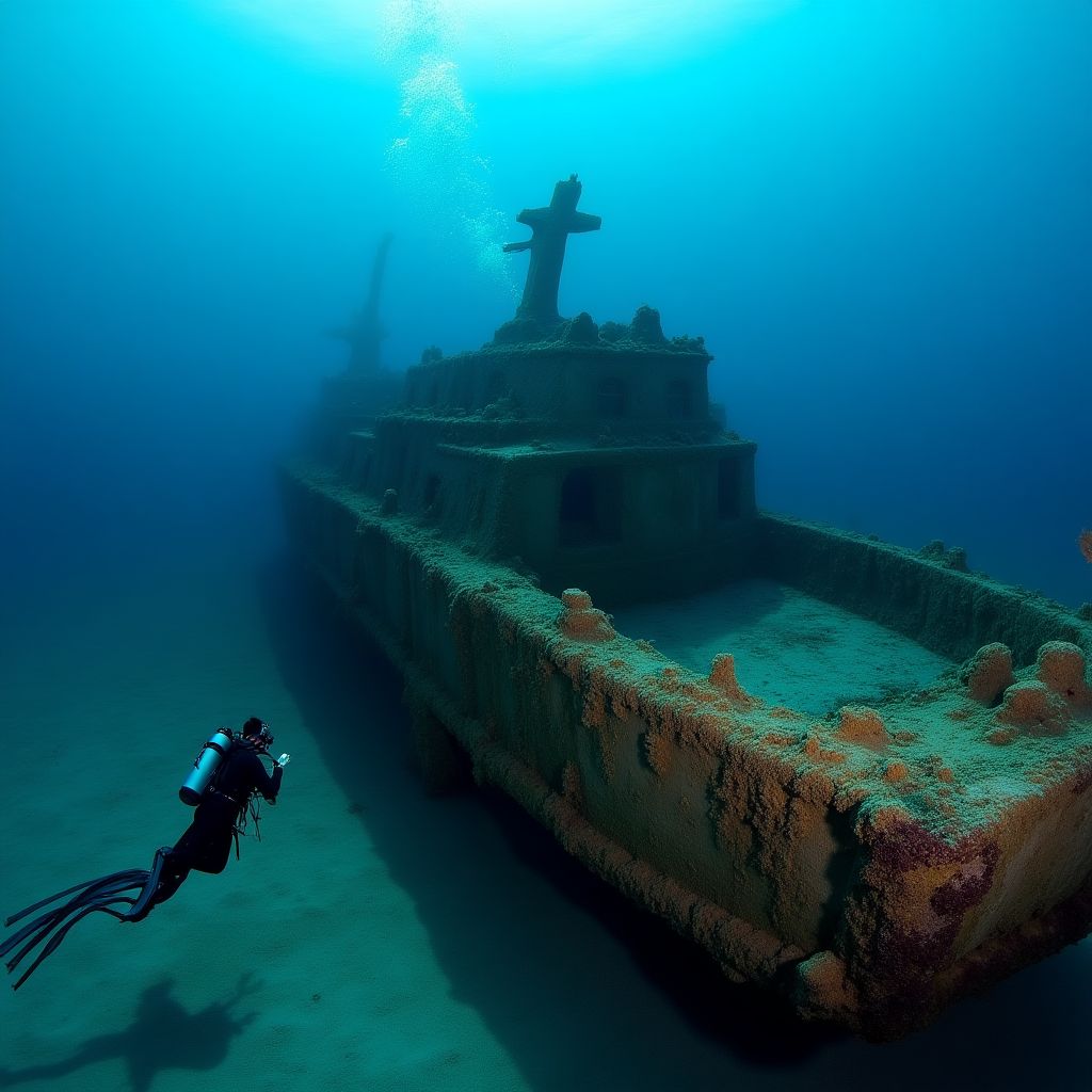 Couple divers exploring shipwreck
