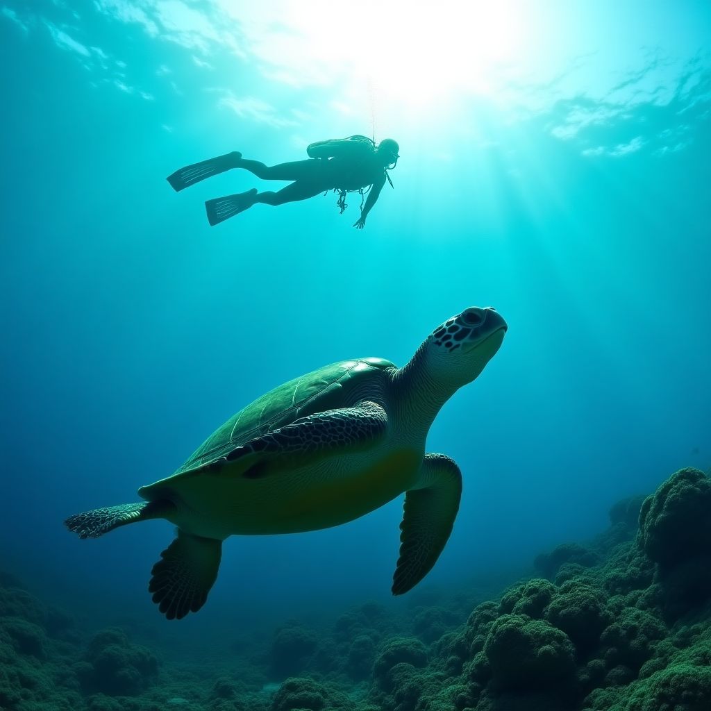 Diver swimming with sea turtle near colorful coral