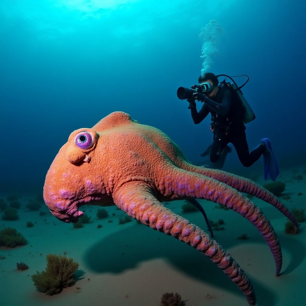 Diver with giant cuttlefish in South Australia
